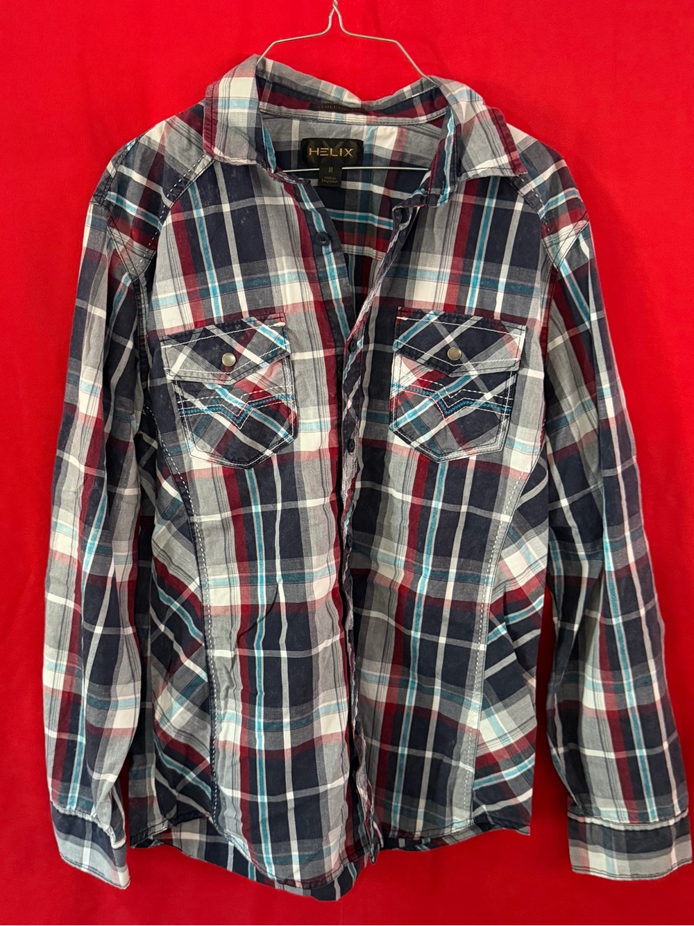 Helix Men’s Navy, Red and White Plaid Button-Down Shirt